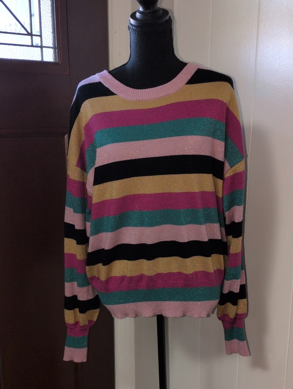 Nine West Striped Glitter Crewneck Sweater in Pink, Teal & Gold Size XL